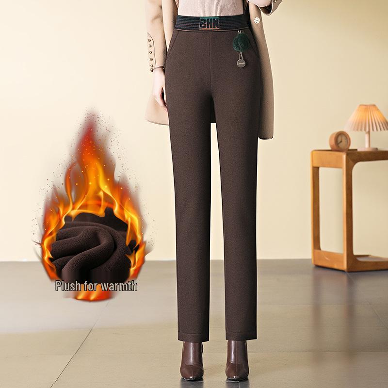 Damen Fleecegefütterte Baguette-Hose: Lässig, Elastischer hoher Bund, Übergröße, Warmes gerades Bein für Herbst/Winter