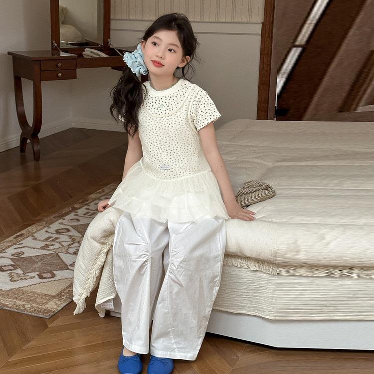 Girls Summer Korean Style Lace Camisole, Floral Tee, and Lantern Pants Set 120 cm