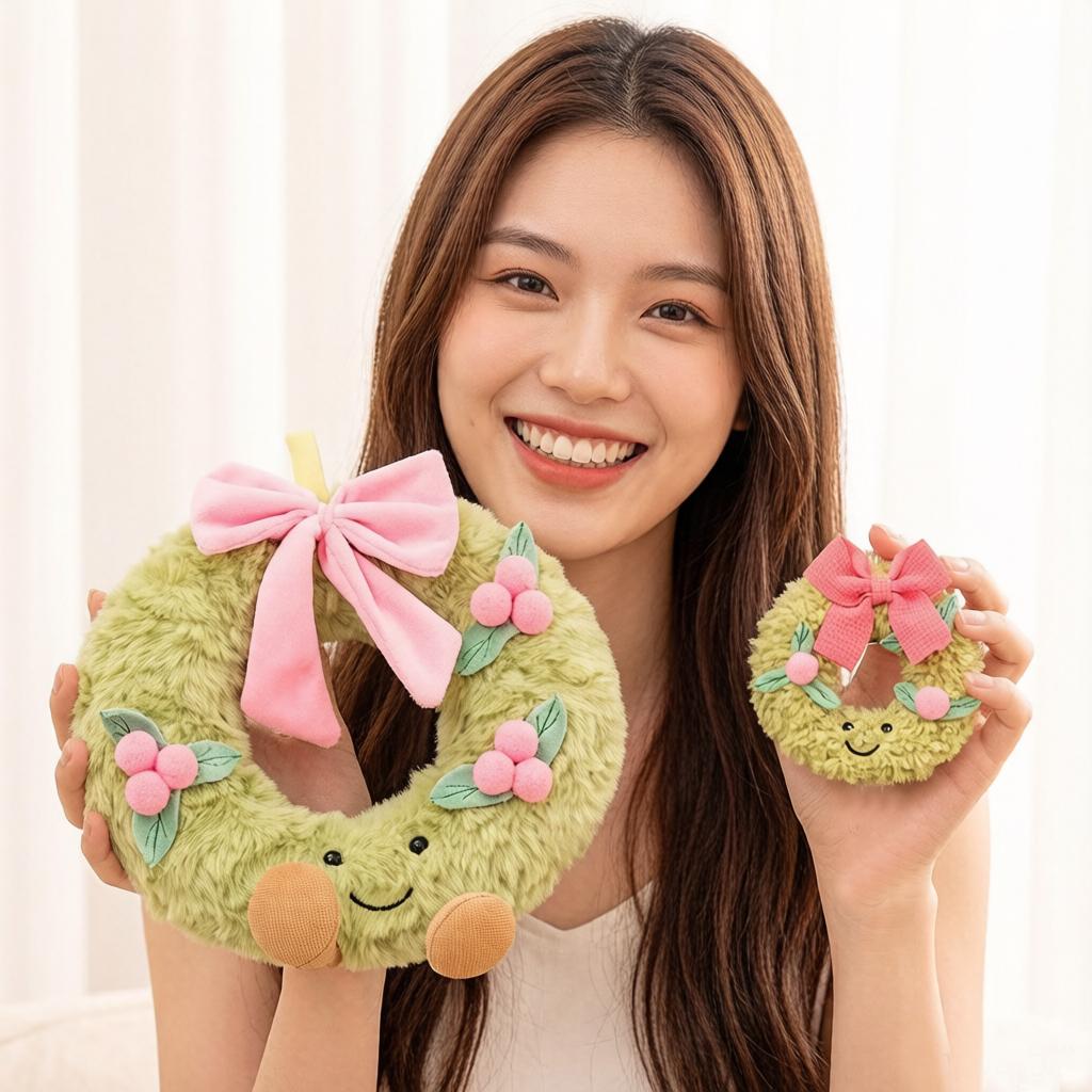 Sweet Green Wreath Plush Toy Stuffed Smiling Humanoid Pink Bow Tie Plushie Kawaii Home Decor Christmas Gift