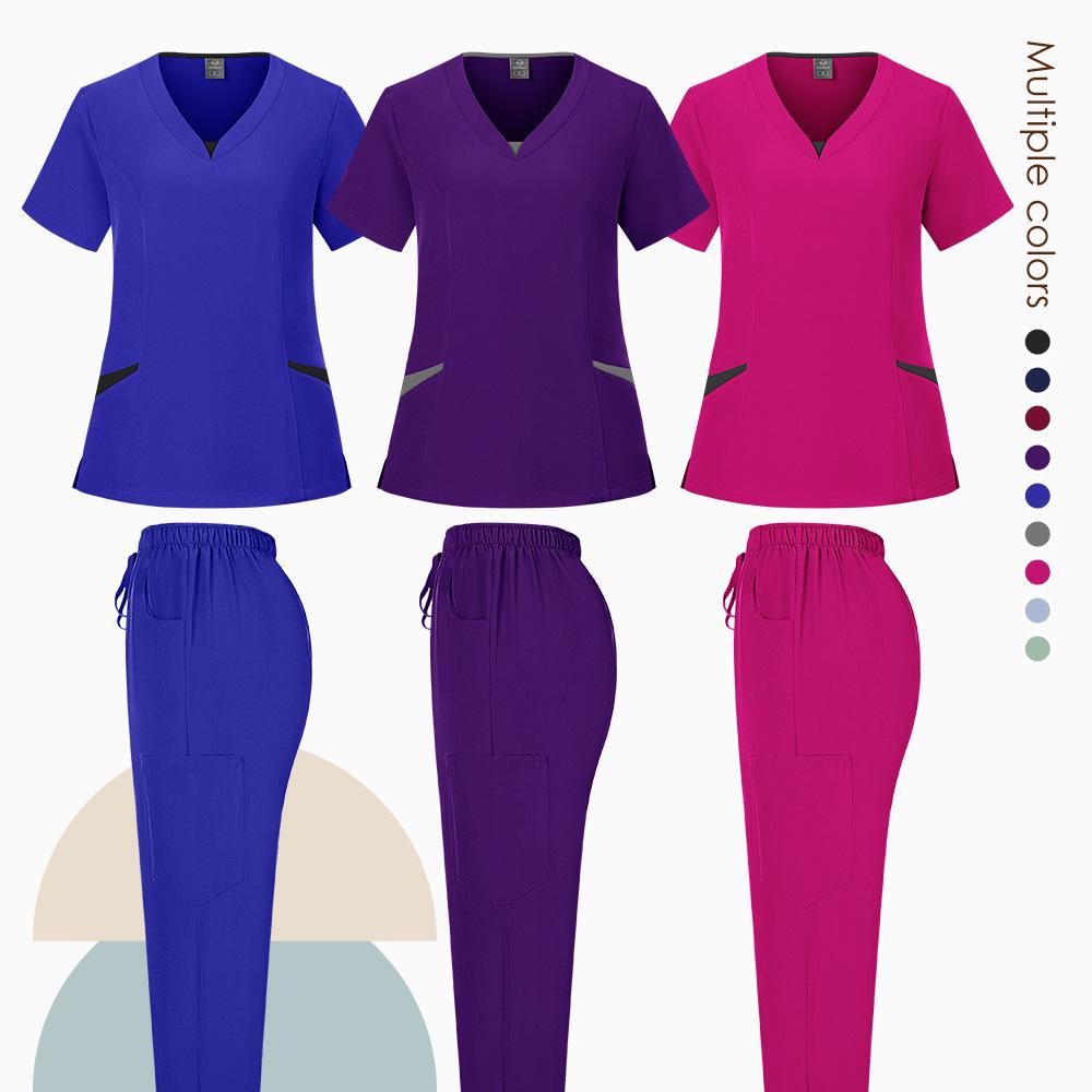 Elastic V-Neck Short Sleeve Scrub Suit for Dental Clinic, Salon, or Nurse Uniform