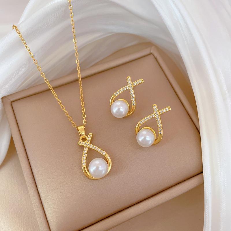 

Necklace Earring Set Light Luxury Full Diamond Cross Pearl Personalized Charm Banquet Earrings Accessories