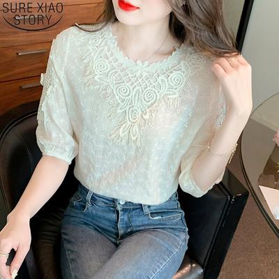 2023 Summer Three Quarter Puff Sleeve Shirt White Apricot Chiffon Lace Blouse Women Tops Sweet Hollow Out Clothes 21261