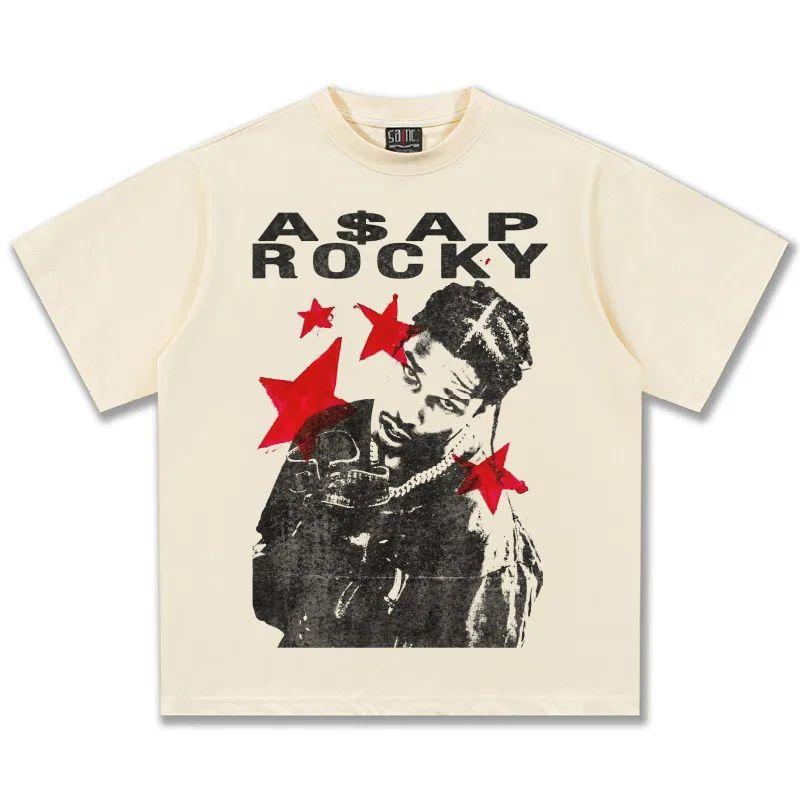 T-shirt Grafica ASAP Rocky Stelle Rosse Unisex Oversize Hip Hop Rapper Casual Cotone Manica Corta Trendy Y2K Oversize per Uso Quotidiano