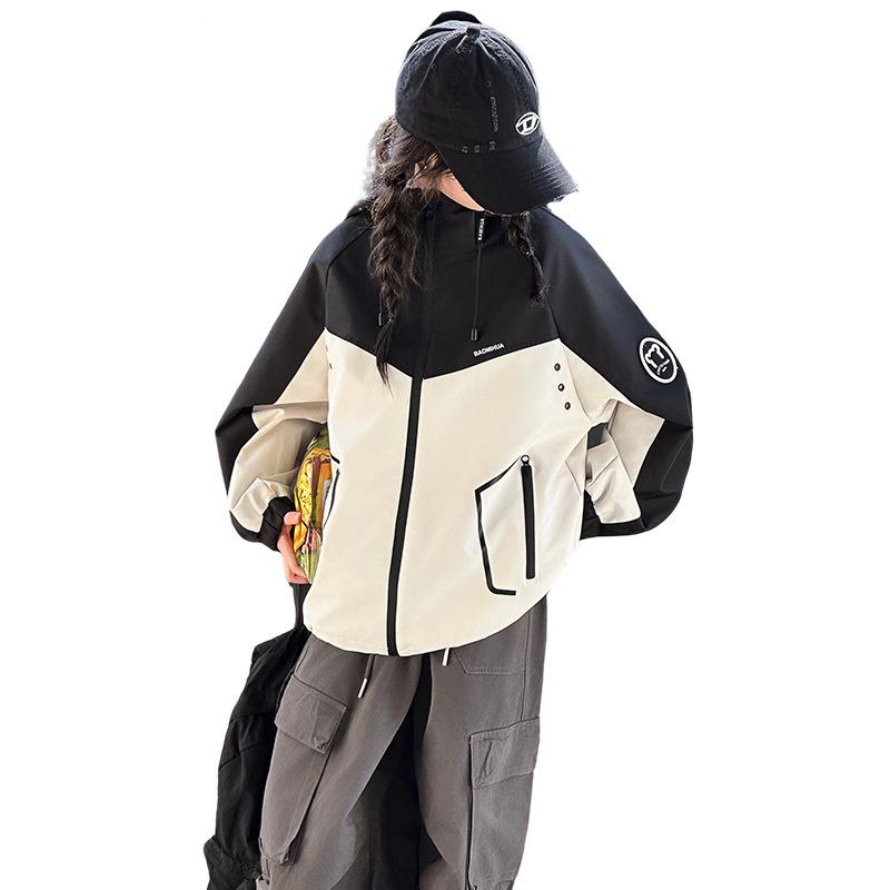 Girls' Color Block Hooded Windbreaker - Casual Spring/Autumn Jacket for Big Kids