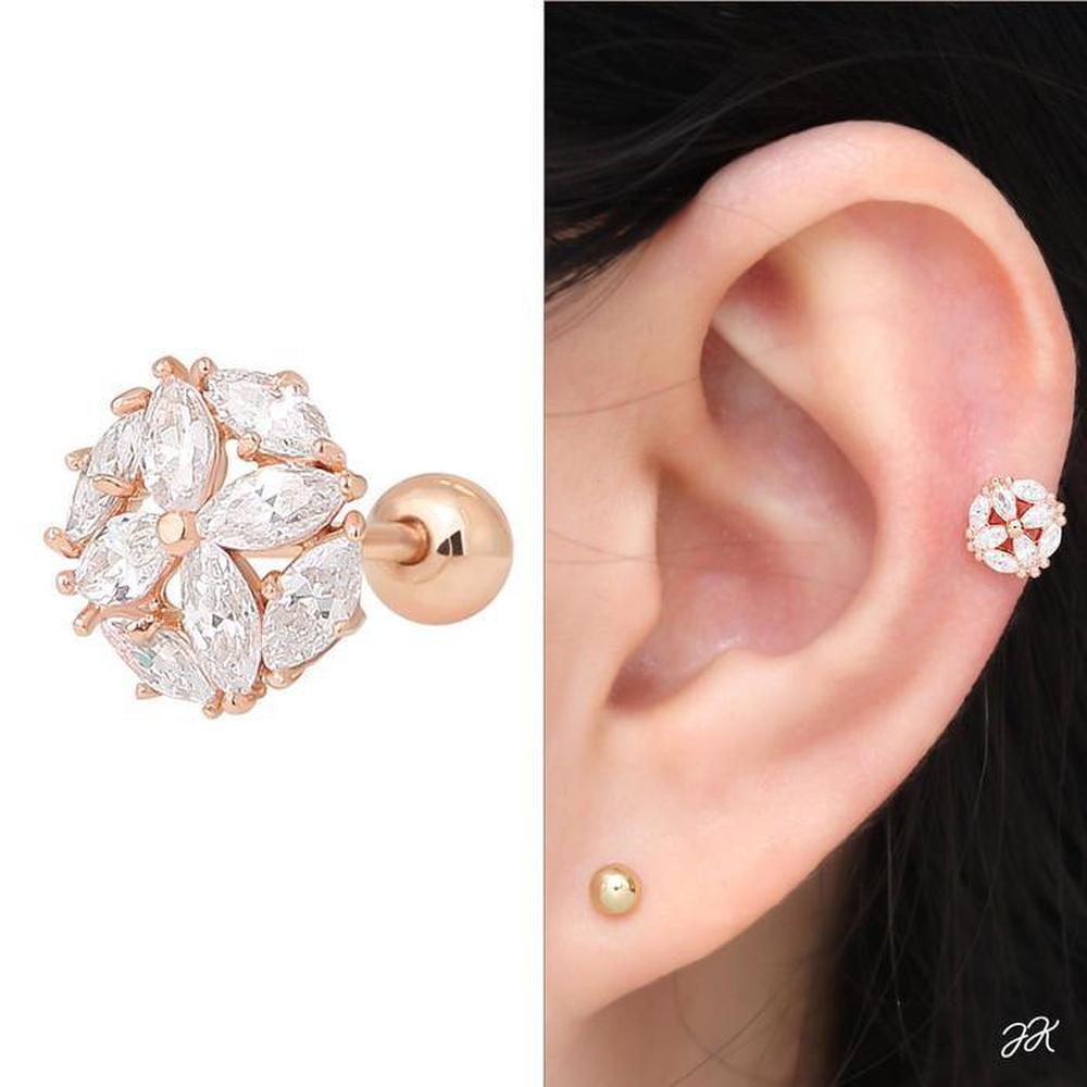 14K Gold Needle Cubic Round Flower Rose Gold Layered Piercing (S8888924)