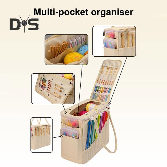 Canvas Yarn Storage Bag Solid Knitting Bag Handle Design Lightweight Portable Large Capacity Tote Organizer with Multi-layer Pockets