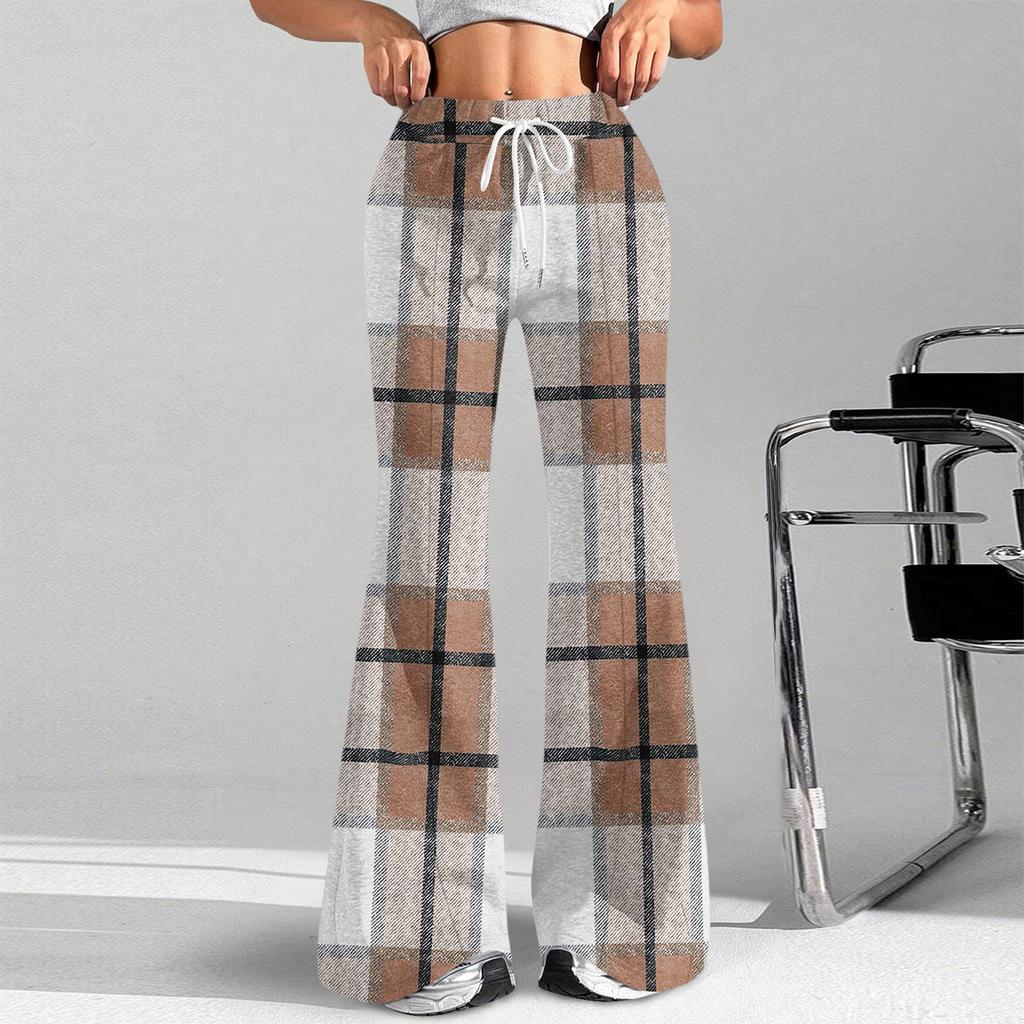 Women's Fashion Loose Drawstring Waist Plaid Printed Casual Sports Pants Casual Flared Pants