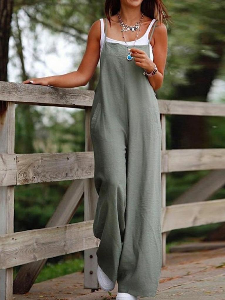 Solid Color Jumpsuit Women Casual Sleeveless Loose Fit Wide Leg One-Piece Outfit Summer Fashion Romper