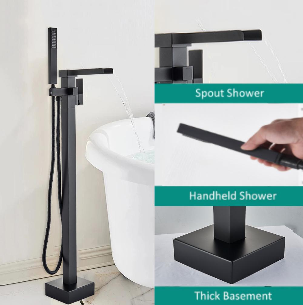 Matte Black Waterfall Bathtub Faucet Floor Standing Bathroom Bath Shower Set Hot and Cold Bath Tap Mixer With Handshower