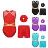 Kids Girls Sleeveless Sparkly Gymnastics Leotard Active Dance Unitard Biketard with Tumbling Shorts Hair Band Set