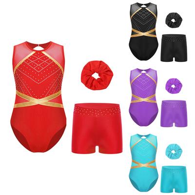 Dívčí gymnastický set Dírka na zádech Patchworkový bez rukávů Leotard Kamínkový pas Šortky Gumička do vlasů Pokrývka hlavy