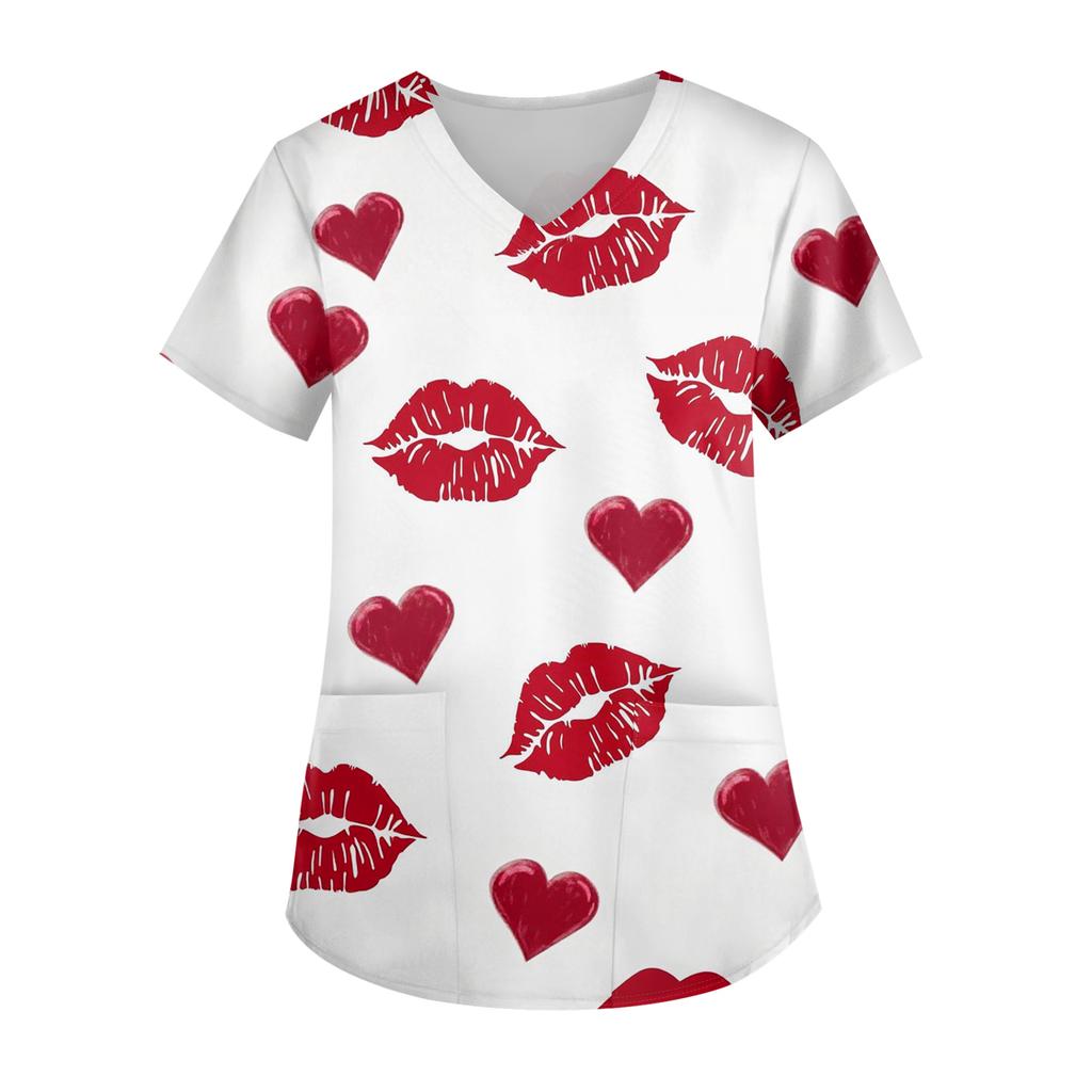 Ladies' Valentine's Day Printed Fashionable V-neck Pocket Short Sleeved Uniform And Caregiver Top