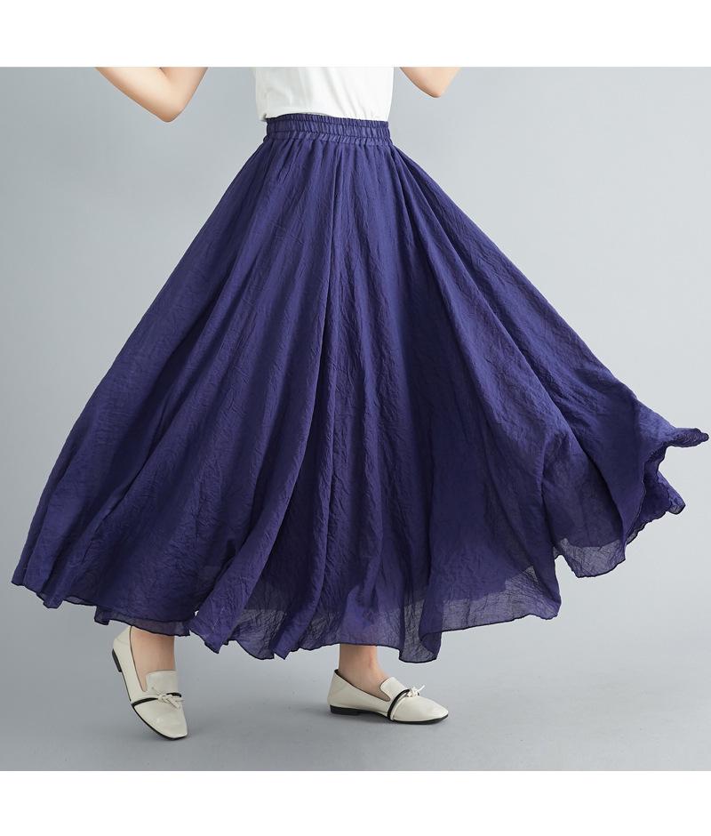 2024 Japan & Korea Loose Cotton-Linen Elastic Waist Midi Skirt – Solid Color A-line Swing Skirt