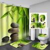 4ks Zen Green Bamboo Buddha Series Súpravy sprchových závesov do kúpeľne Protišmykové kúpeľňové koberčeky Veko WC kryt Podložka pod vaňu