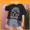 Donna Ragazza Divertente Manica Corta Stampa Gatto Luna Punk Gotico Casual Top Camicetta