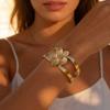 Exaggerated Flower Stainless Steel Cuff Bangle for Women Gold Color Hollow Metal Spring Buckle Bracelet Chic Waterproof Jewelry
