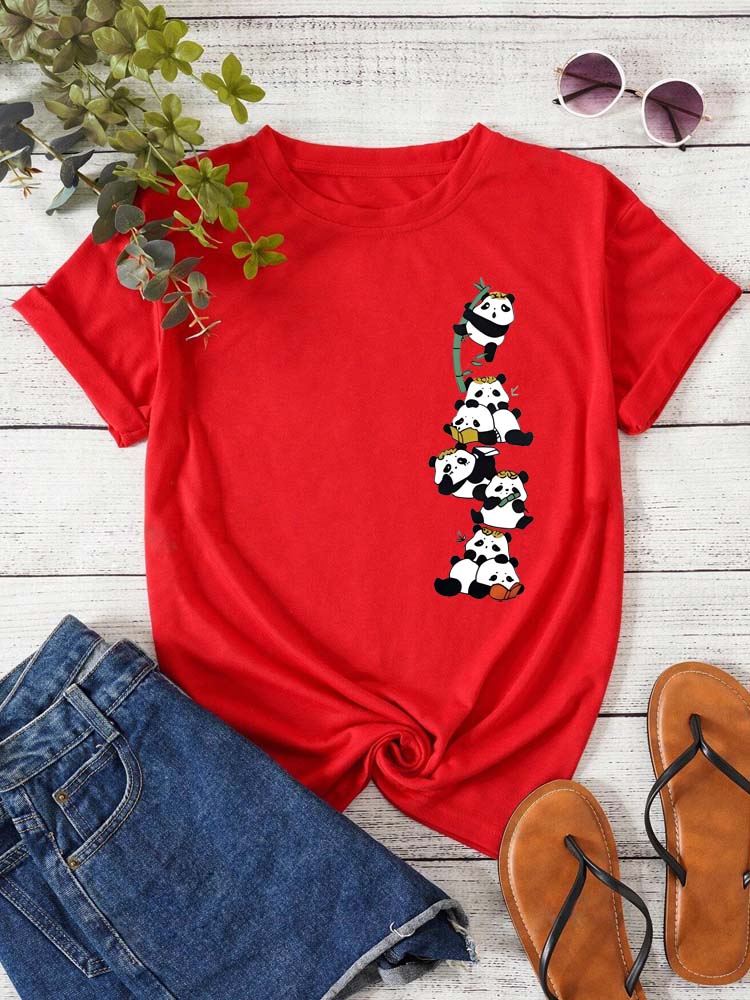 Cute Panda Pure Cotton Printed Unisexs and Womens Loose Casual Short Sleeved New Personalized Fashion Trend Round Neck Tshirt