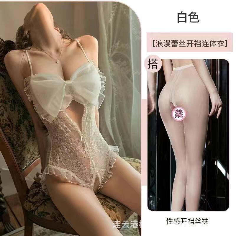 Sexy Perspective Sex Underwear Women's Mesh Big Bow Lace Seduction Onesie French Lace Open File