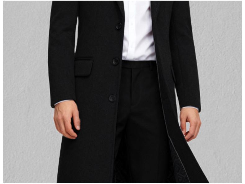 Men's Long Wool Coat with Suit Collar and Thick Cotton Lining