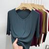 Women's Black V-Neck Three-Quarter Sleeve Loose Fit T-Shirt, 2025 Collection