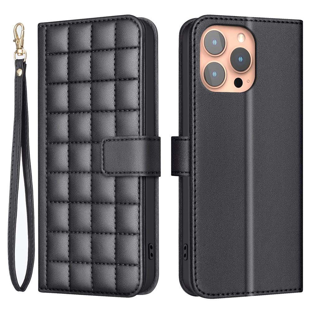 

For iPhone 15 Pro Leather Case Square Grid Mobile Phone Cover Black
