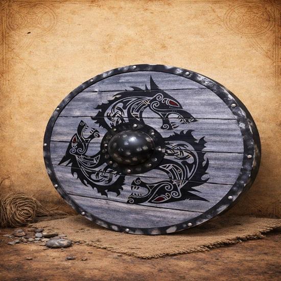 Viking Wolf Wooden Shield Wall Decor Norse Fenrir Shield Medieval Warrior Viking Home Decor Gift 60.96 cm
