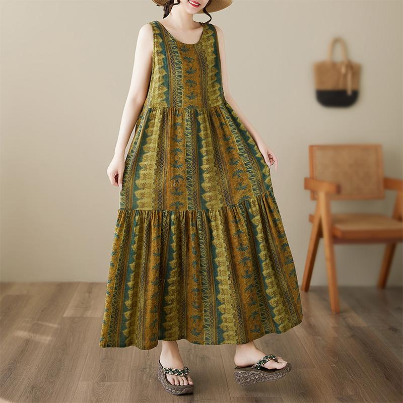 DIMANAF Plus Size Dress Summer Women Vintage Linen Elegant Style Sleeveless Floral Loose New Long Dress 8029