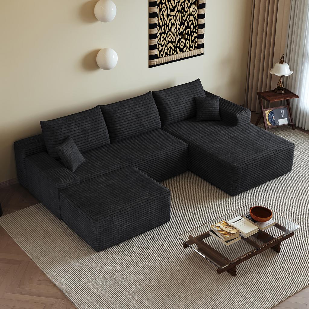 270cm Boneless Modular Corner Sofa, with L-Shaped Chaise Longue, with Deep Seat, No Assembly Required, Sofa for Living Room, Bedroom, Apartment, Black