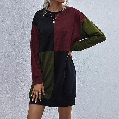 Women's Fashion Spring Fall Colour Block Print Long Sleeve O-Neck Loose Waistline Casual Dresses
