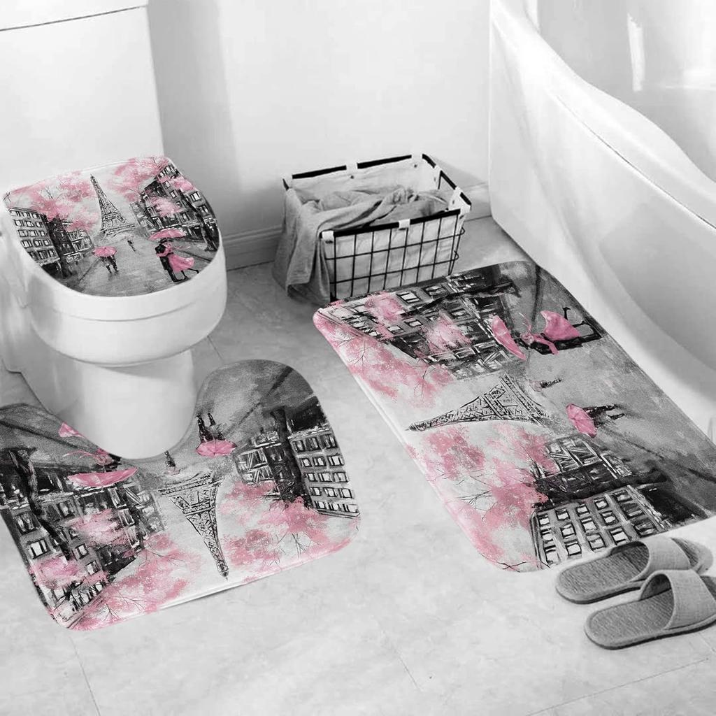 DDS-DUDES Valentines Shower Curtain Set with Paris Eiffel Tower Decor Bathroom Sets with Shower Curtain and Rugs Vintage Landscape Scenery Romantic