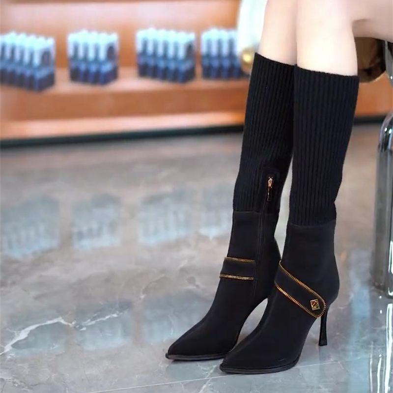Elastic sleeve thin heel thin boots women's single boots 2025 autumn and winter zipper metal buckle with pointed high heel knight women's boots