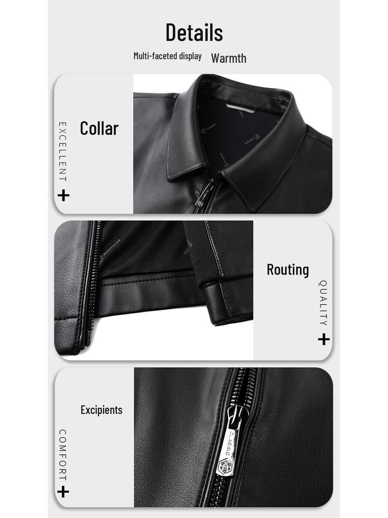 Men's High-End Genuine Sheepskin Leather Jacket, Business Casual Stand-Up Collar, Fleece-Lined for Middle-Aged.