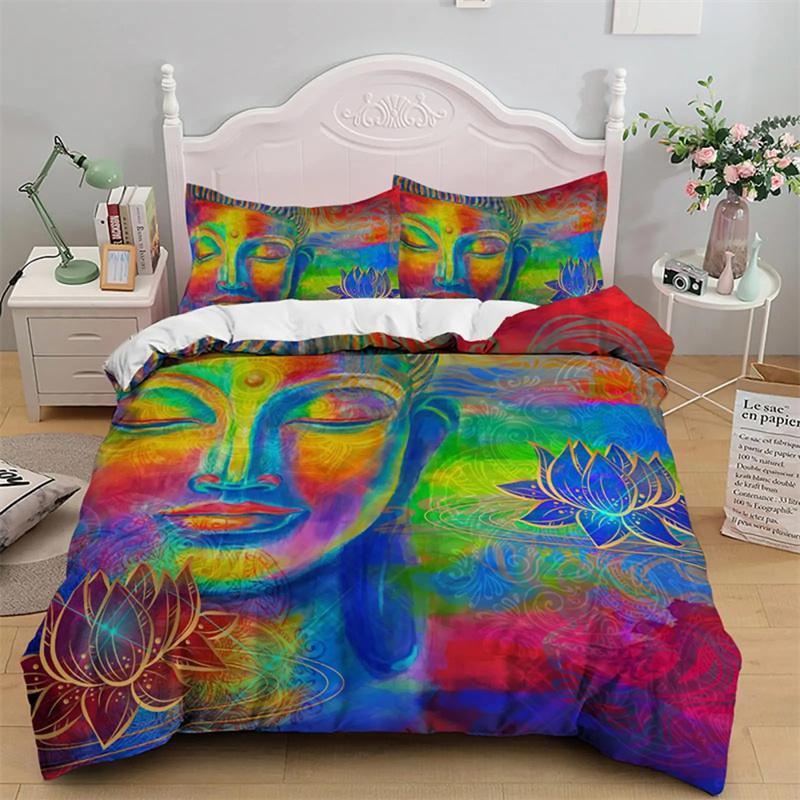 Mandala Buddha Duvet Cover Set King Size Exotic Ethnic Bohemian Bedding Set Golden Black Lotus Flowers Print Gorgeous Women Men