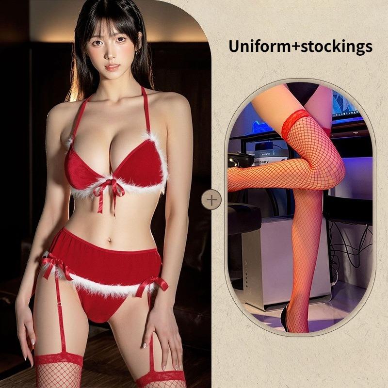 Sexy Lingerie Sexy Christmas Set Red Gift Uniform Suspender Hollow Out Tempting Plush Bow Three-point Style Sexy Lingerie