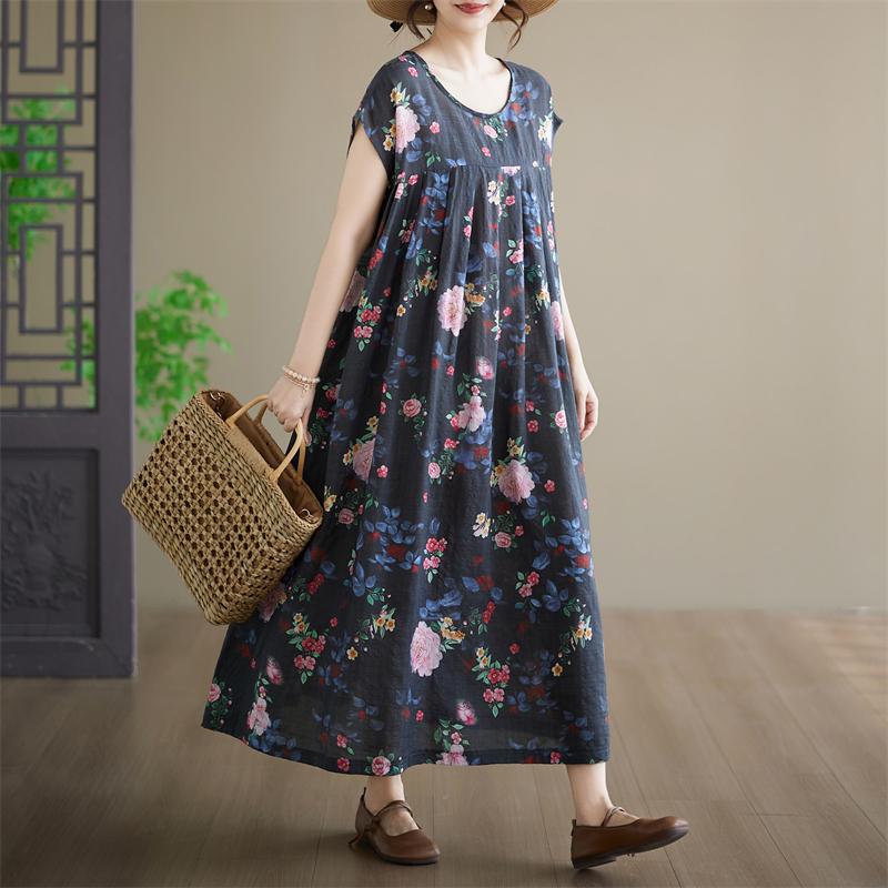 DIMANAF New 2026 Summer Beach Women Plus Size Cotton Vintage Lady Loose Oversize Long Dress Floral Print