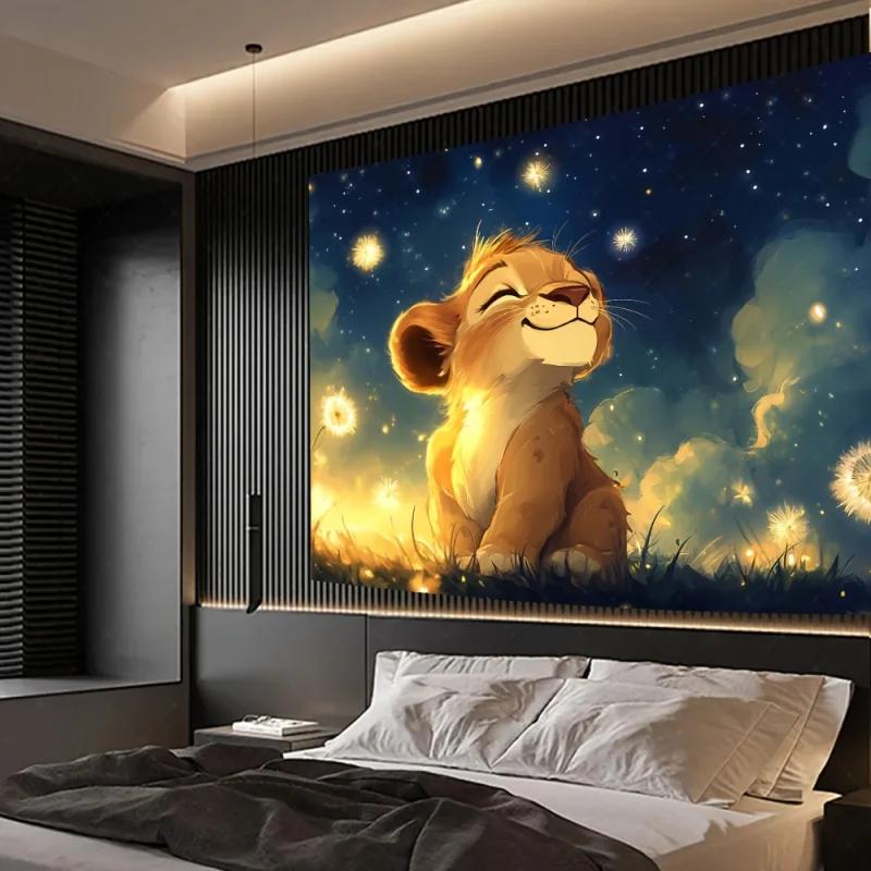 The Lion King Simba Tapestry, Cute Baby Lion Starry Night Wall Hanging for Bedroom Living Room Home Decor 100X70CM
