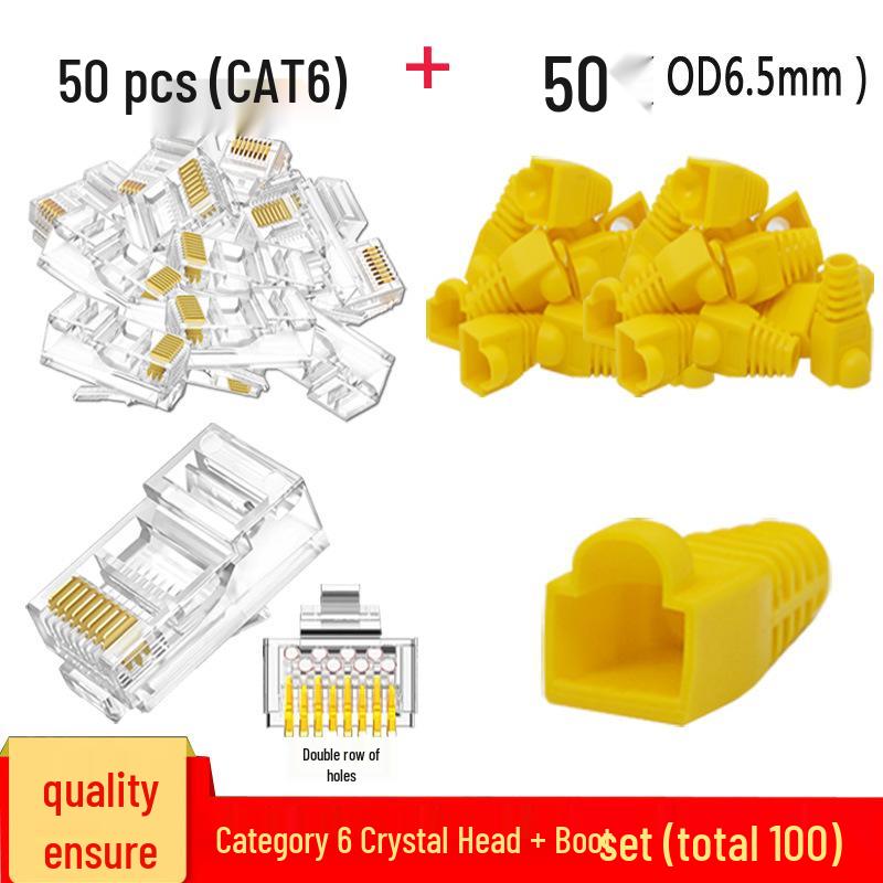 RJ45 Boot 50-Piece Set: Gold-Plated CAT6 Crystal Head & Network Cable Rubber Boots - 100 Pieces Total