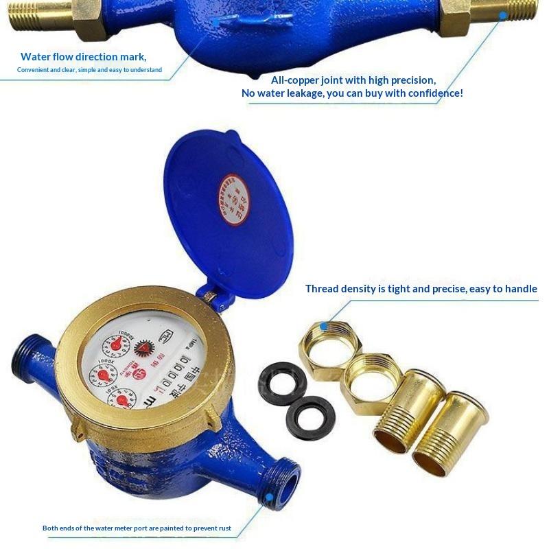 Rotary Vane Wet Type Cold Water Meter 1Pcs Thickened Brass Connectors Clear Reading for Home Indoor Plumbing Usage