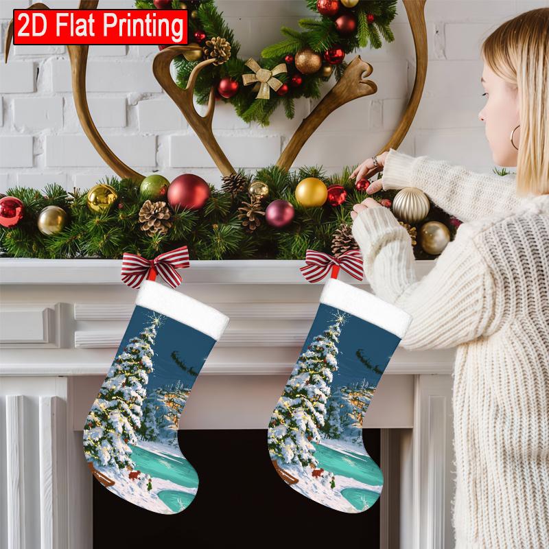 Christmas decoration fireplace hanging stocking 1pc a Festive Holiday Scene Set in a Snowy Village (7) Pattern