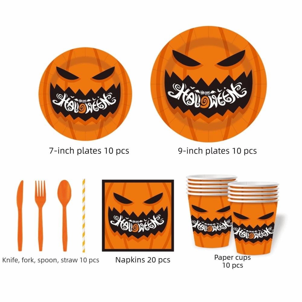 Pumpkin Pattern Disposable Plate Cup Set Decorative Disposable Utensils Set Home