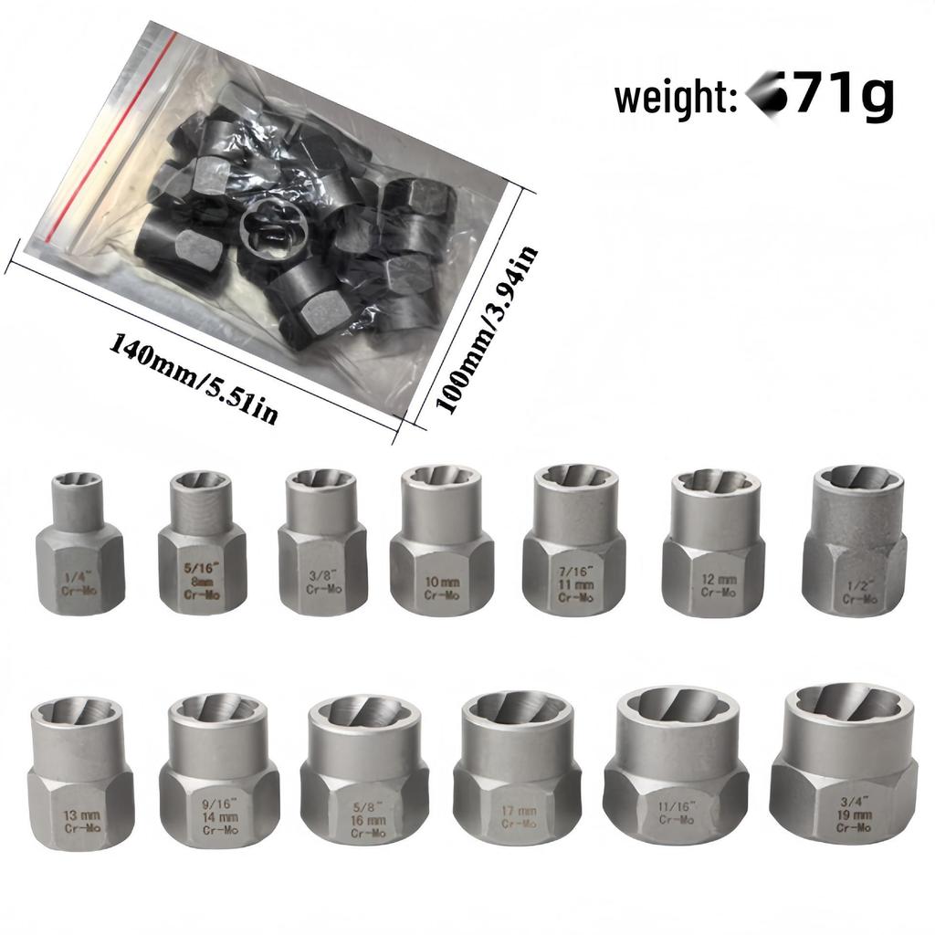 14dílná sada extraktorů šestihranných matic pro poškozené matice