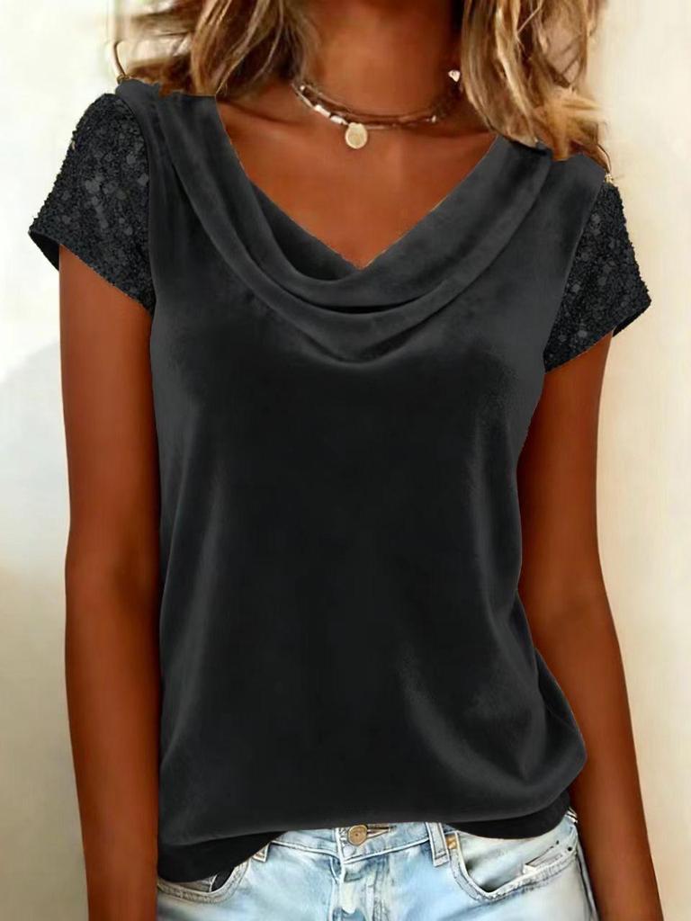 2026 European & American Velvet High-Neck Sequin Patchwork Short-Sleeve Women's Fashion Top