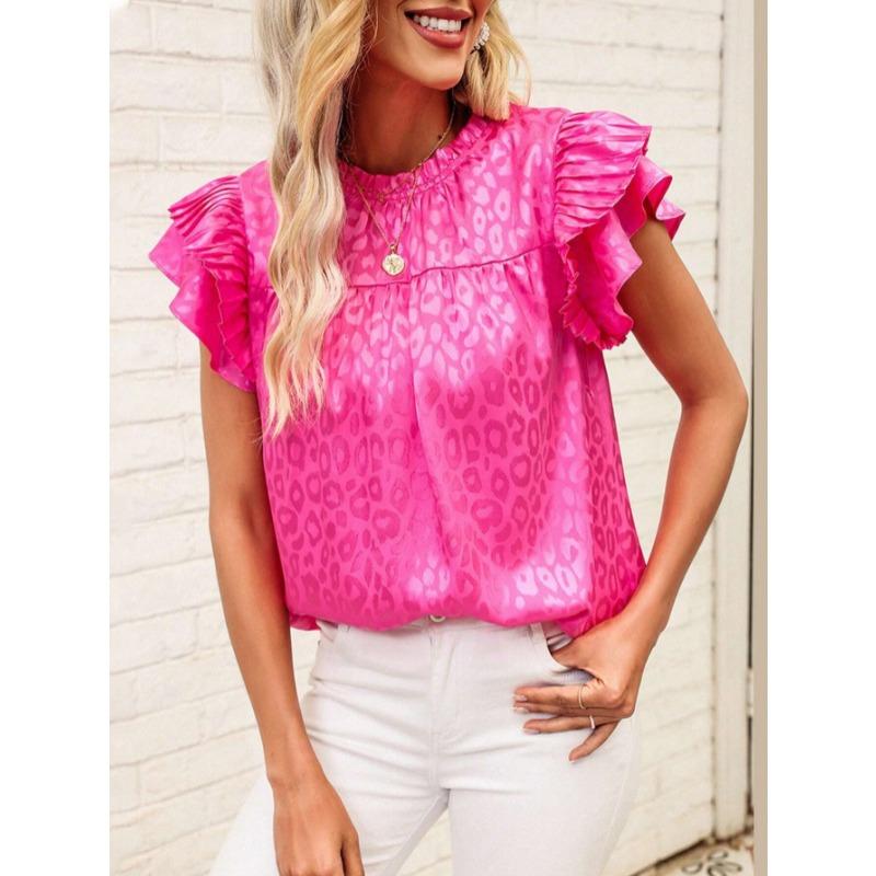 2025 Letnia moda Leopard Print damska bluzka Nowa swobodna prosta koszula z falbaniastymi rękawami plisowana damska góra plus size luźna odzież damska 3670