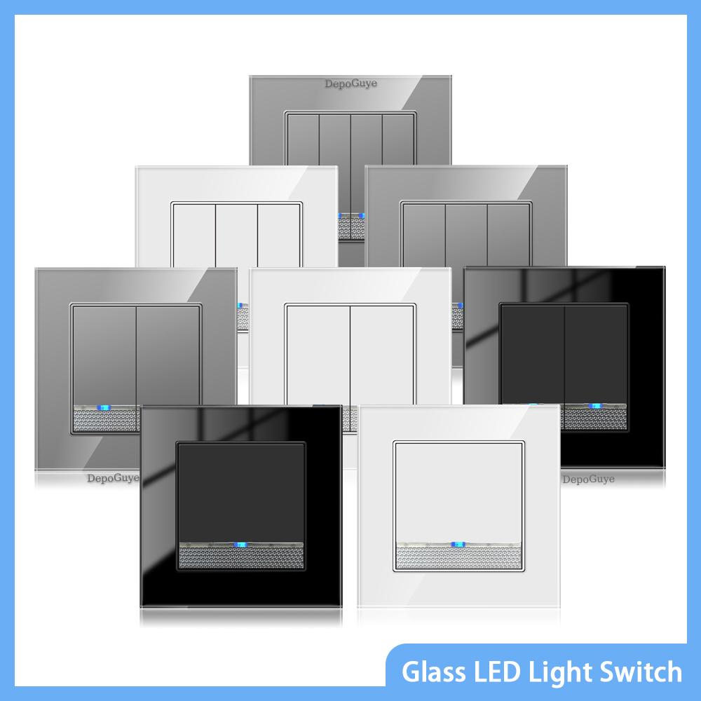 Tempered Glass Wall Switch With LED Indicator Light 1/2/3/4Gang 1/2Way EU UK Standard 16A 220V Light Switch Home Decoration