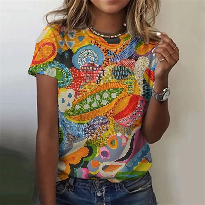 3D printed colorful deer T-shirt for women with abstract geometric patterns