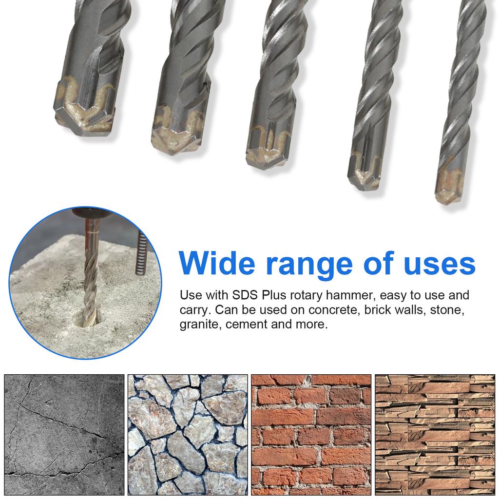 10PCS SDS Plus Hammer Drill Bit Set 5mm~12mm Concrete Cross Drill Bits for Granite, Walls, Ceramic Tile, Stone, Concrete