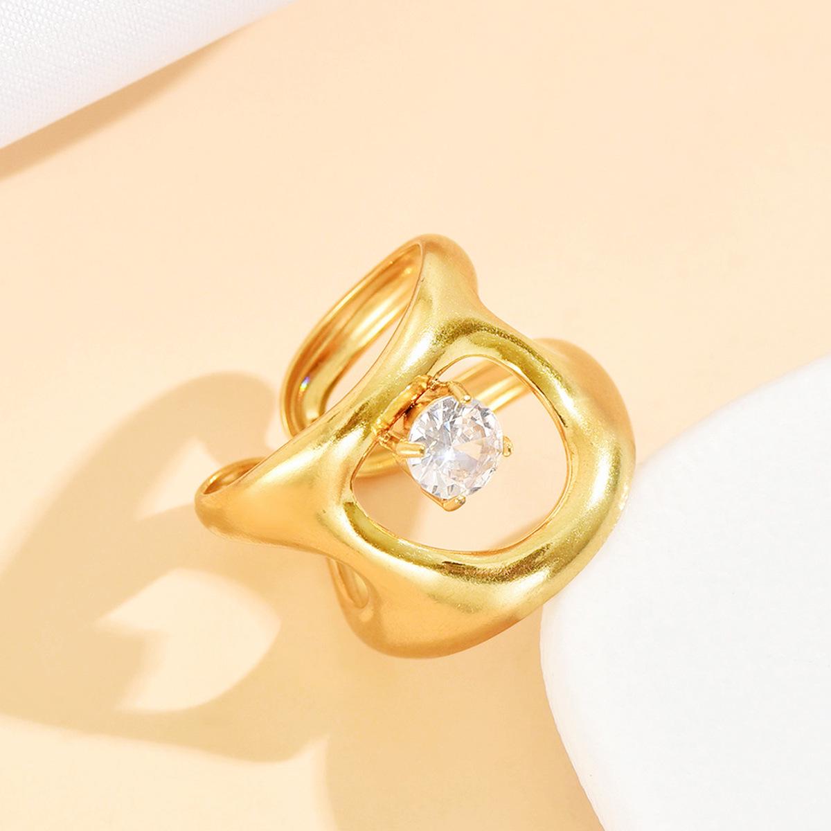 Retro Old Money Style Irregular Rhinestone Ring for Women - Stainless Steel Hollow Open Zirconium Design