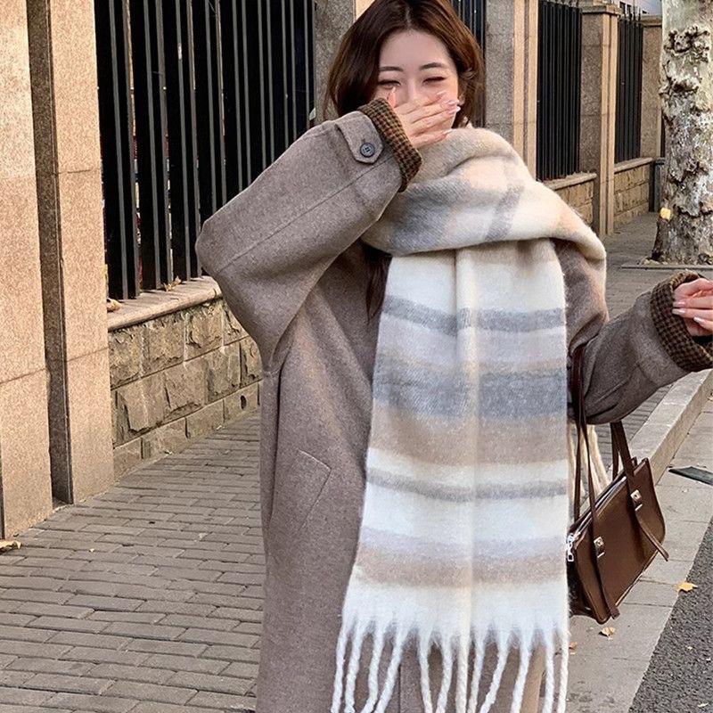 Korean gradual change striped scarf women's winter thickened imitation cashmere shawl dual-purpose warm atmosphere fringed scarf