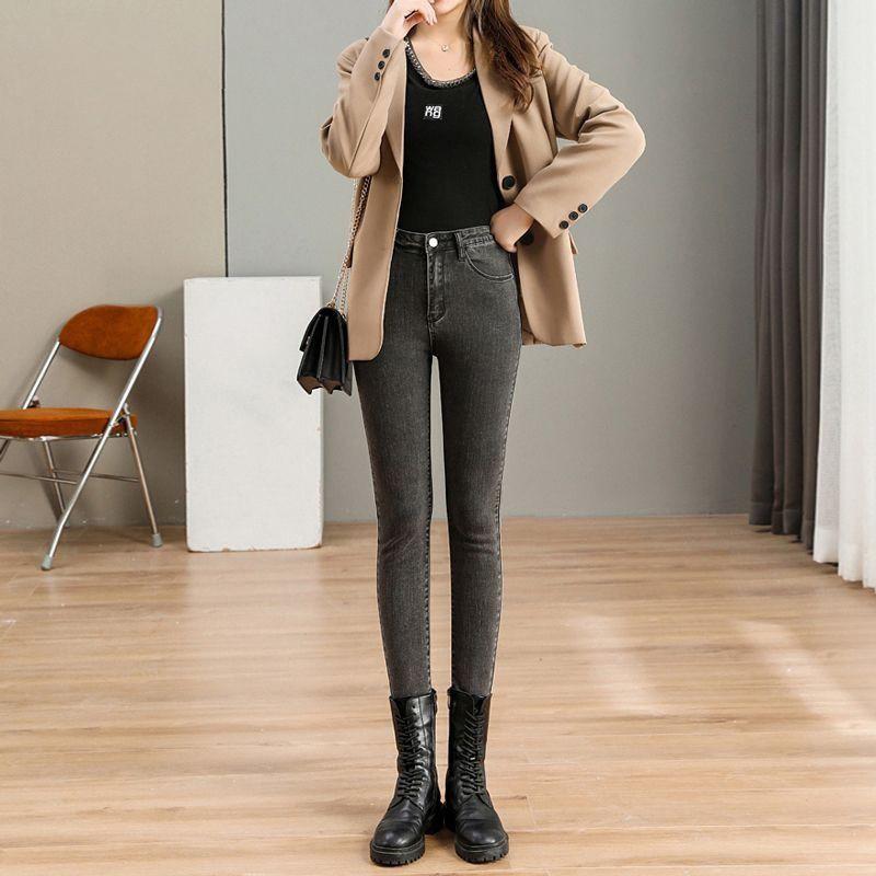 Womens High-Waisted Stretch Denim Pencil Pants 2026 Slim Fit Fleece-Lined Skinny Jeans