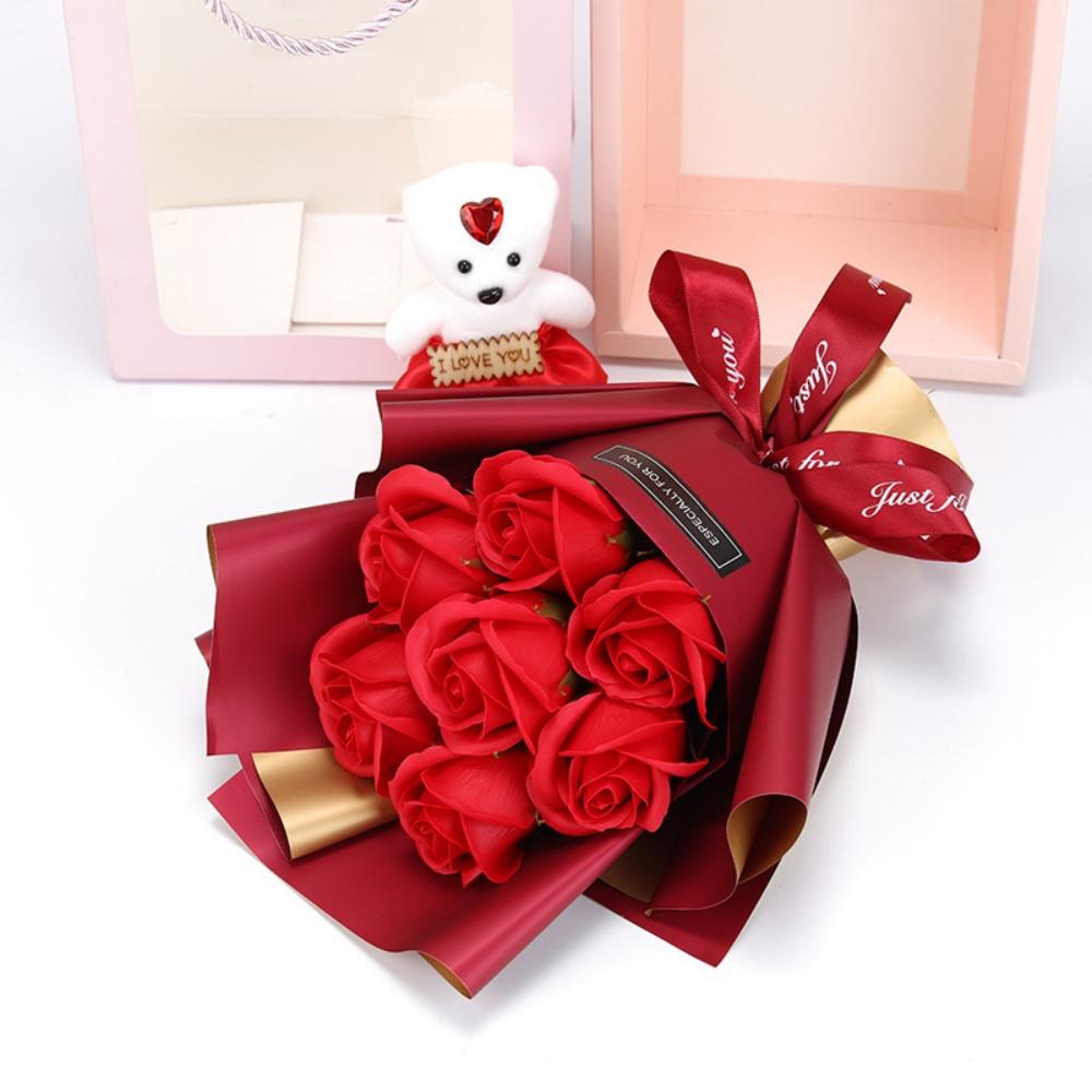 7 Heads Rose Artificial Bouquet Little Bear Gift Box Valentine's Day Handmade False Flower Bouquet Mother's Day Birthday Party
